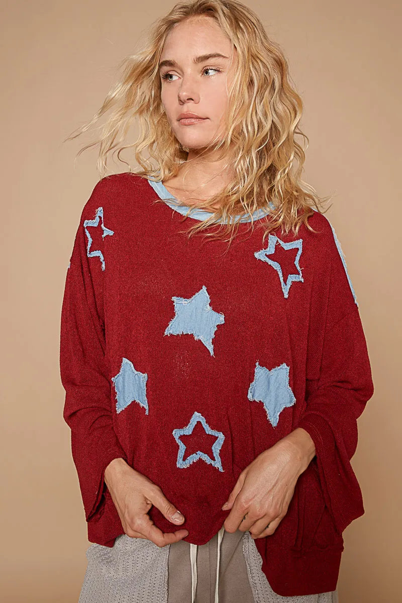 POL Exposed Seam Relaxed Fit Sweater with Star Denim Patch - Fashorio