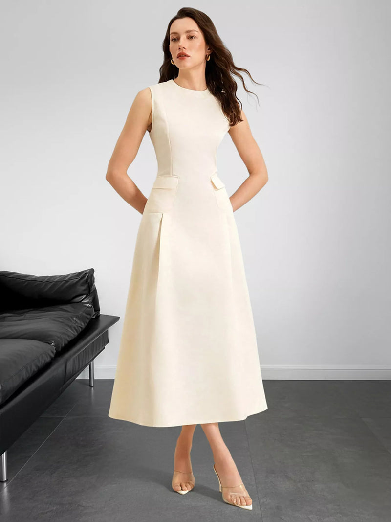 sleeveless a line midi dress with pockets front view