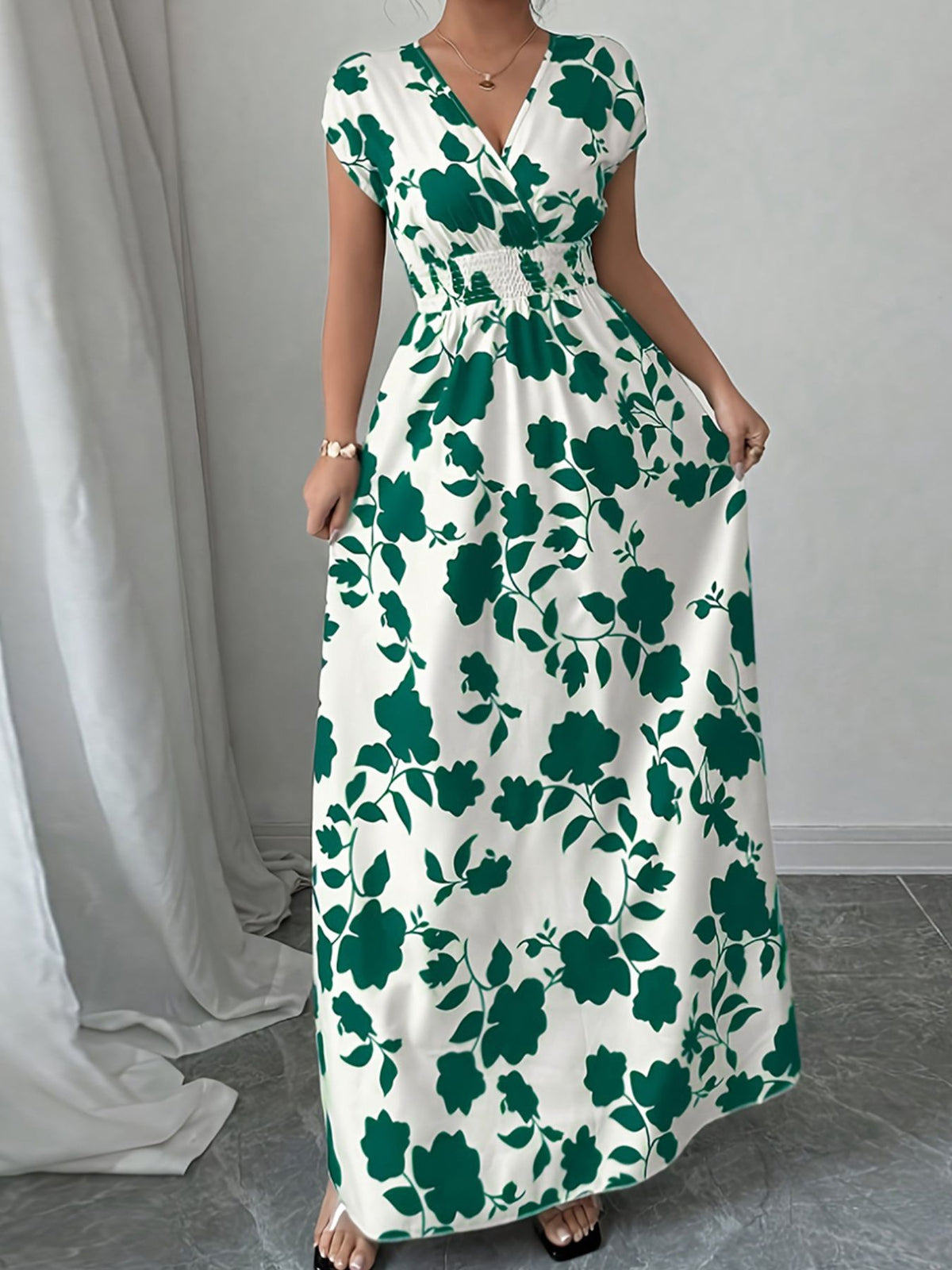 Cap sleeve maxi dress smocked body detail