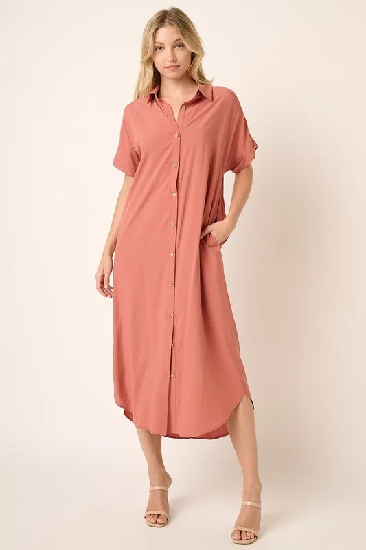 Collared Neck Dolman Short Sleeve Midi Shirt Dress detail