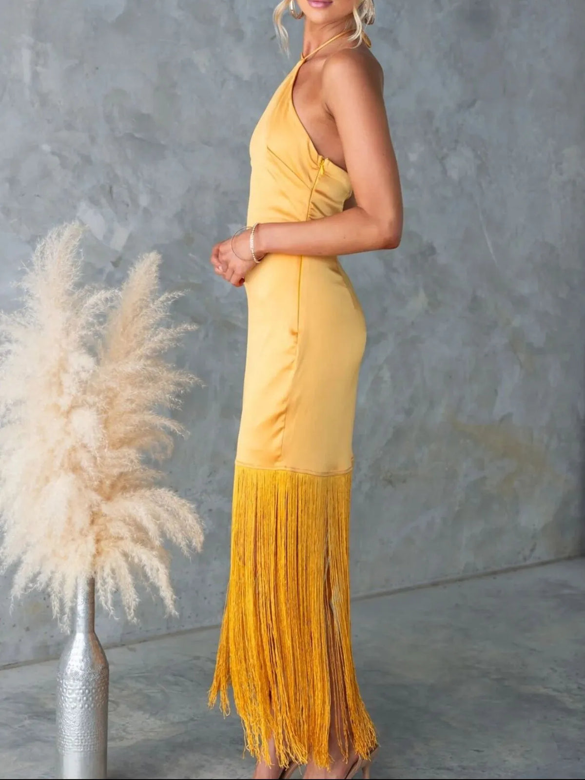 Fringe halter neck backless dress back detail