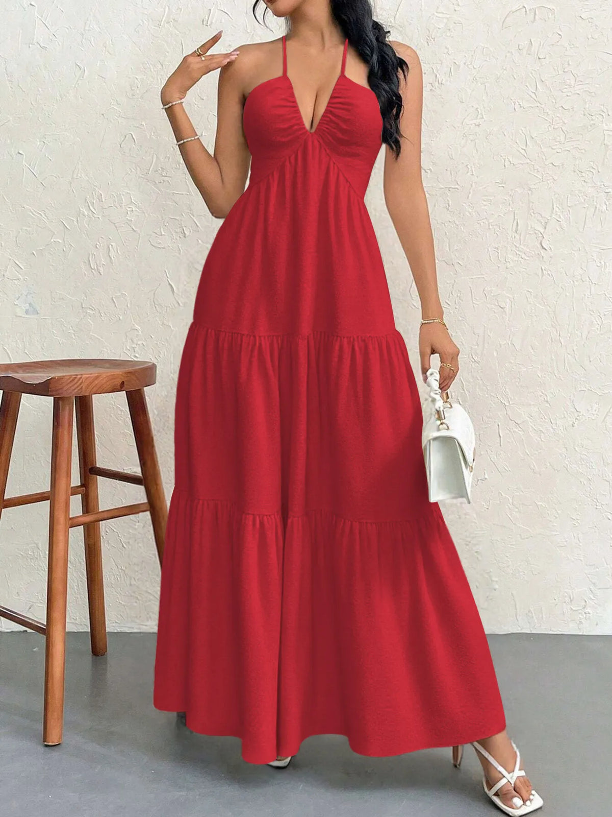 halter neck tiered backless maxi dress waist detail