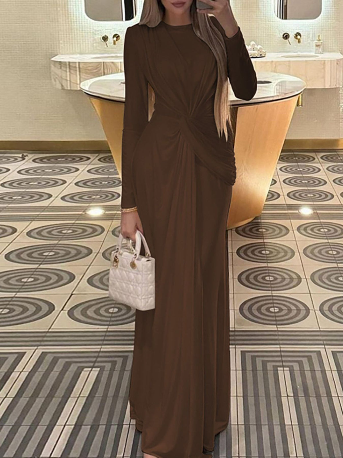 Ruched knot front long sleeve maxi dress gray colourway