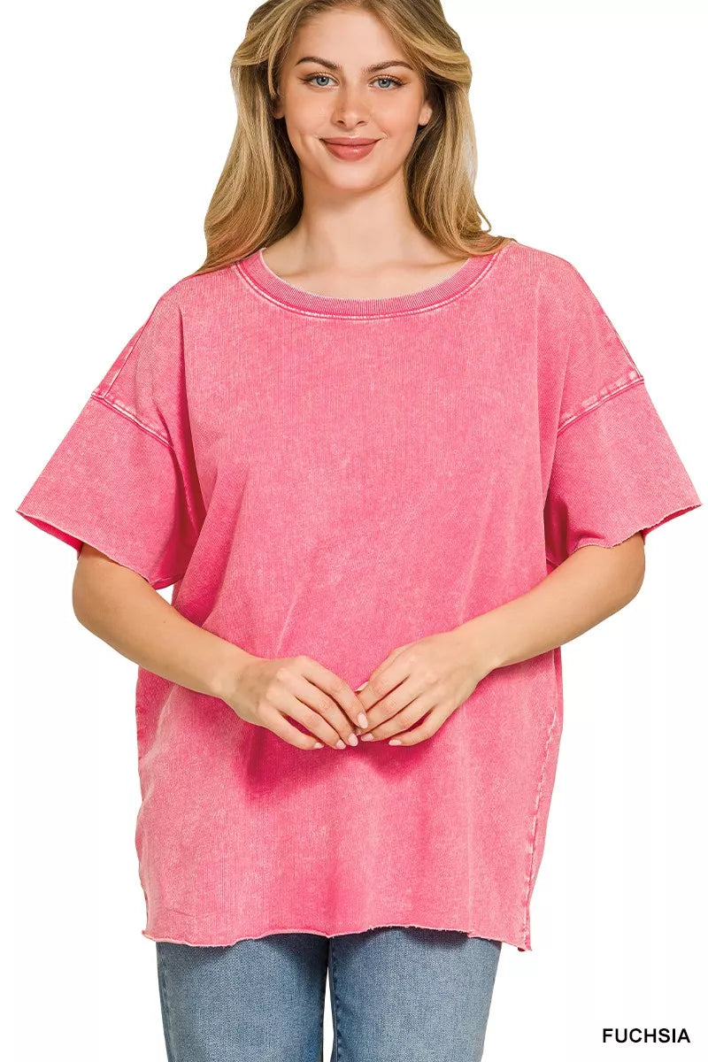 Zenana acid wash French terry drop shoulder top in fuchsia front view