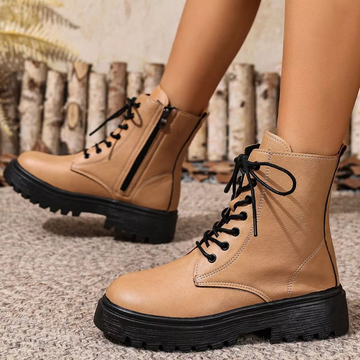 Khaki round toe block heels boots styled with denim