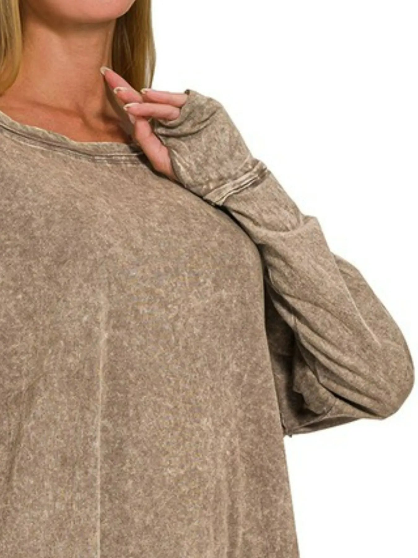 Zenana Crinkle Washed Thumb Hole Cuffs Long Sleeve Top - Fashorio