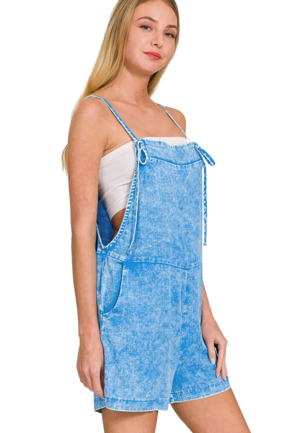 Washed Linen Knot Strap Romper back view