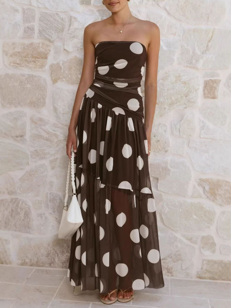Polka dot strapless ruched maxi dress, front view