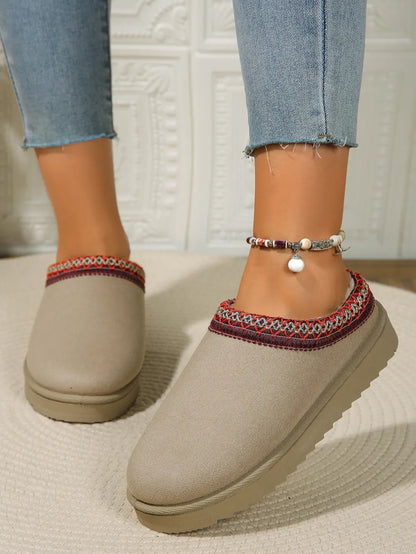 Round Toe Platform Slippers Beige - Fashorio