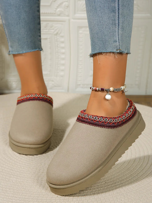 Round Toe Platform Slippers Beige - Fashorio
