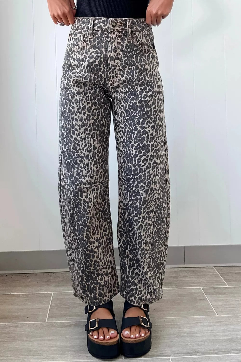 Leopard print high waist barrel jeans front view