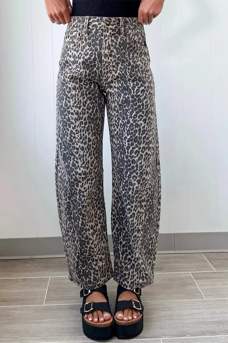 Leopard print high waist barrel jeans front view