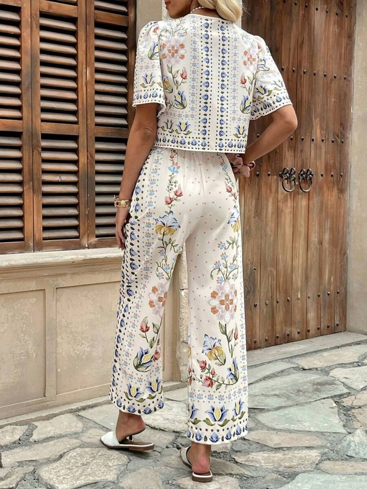 Floral top and pants set styled vacation look