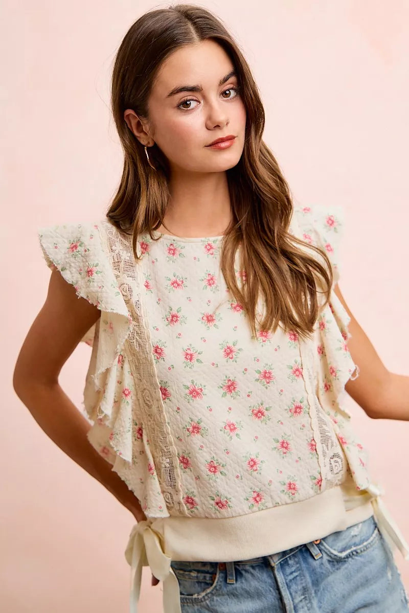 Floral Print Ruffle Sleeve Top, view 42