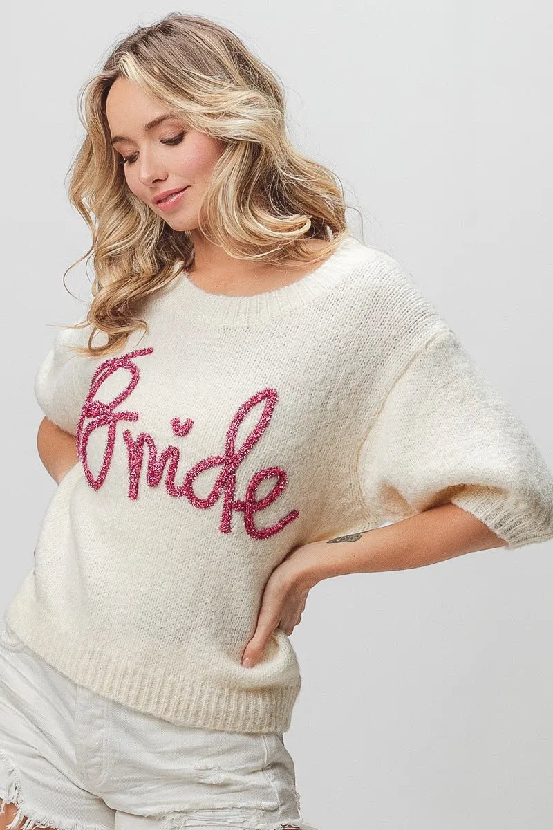 Metallic Letter Fuzzy Puff Sleeve Top in Ivory view 13