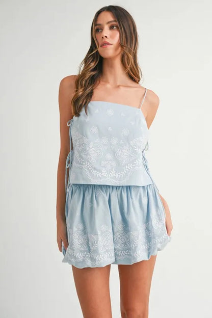 MABLE Embroidered Crop Cami and Balloon Mini Skirt Set - Fashorio