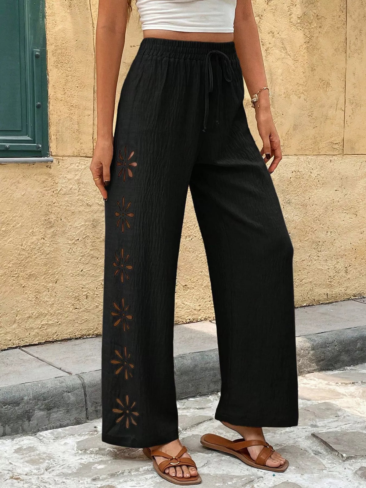 Apricot casual wide leg drawstring pants front view