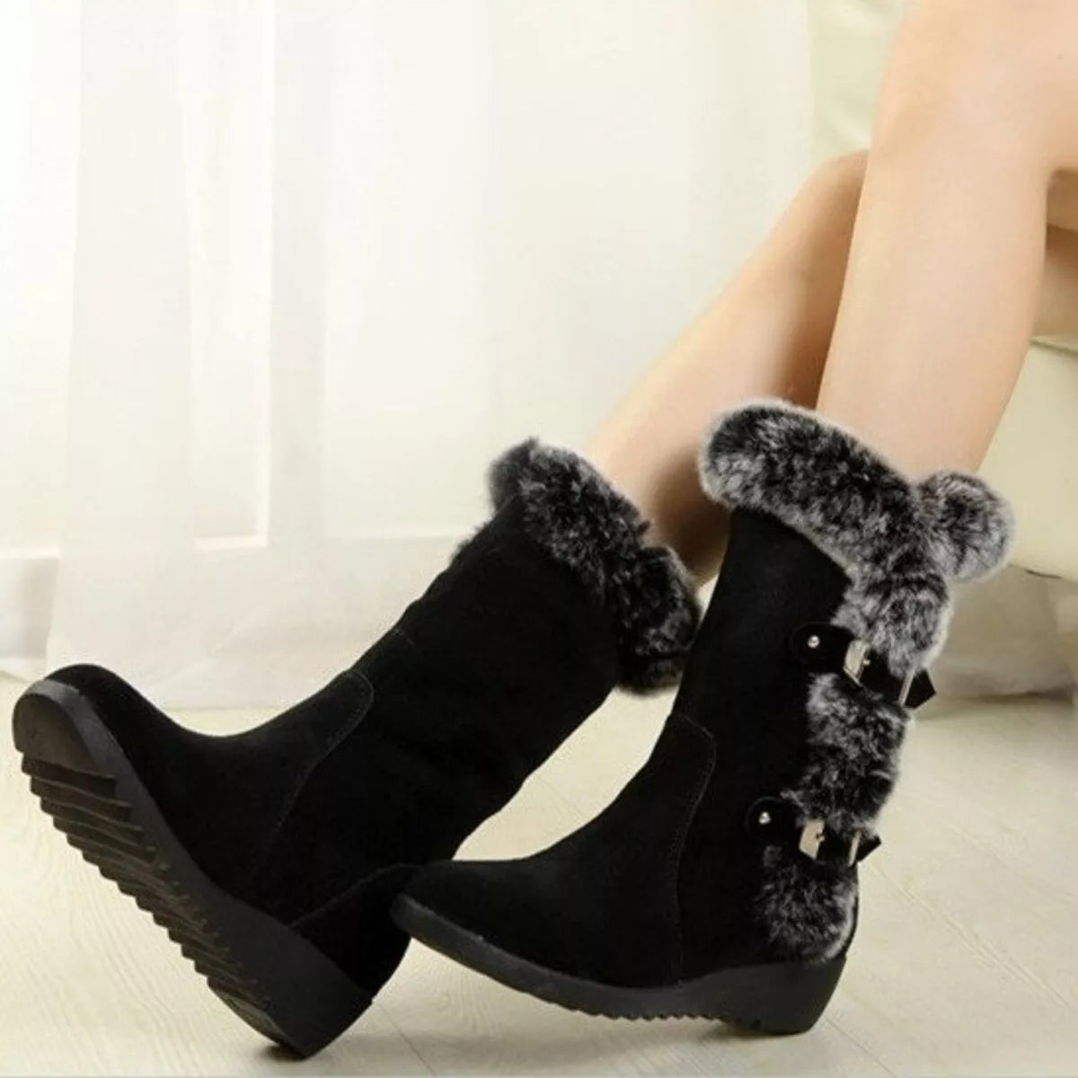 Fur Trim Round Toe Boots front view