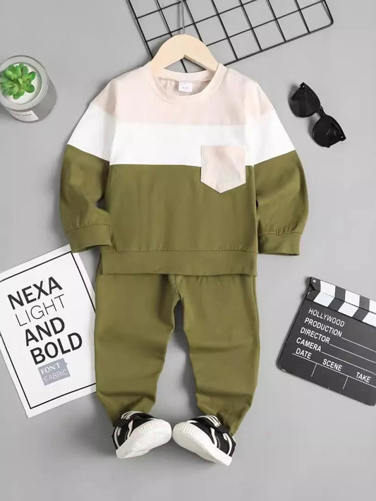 Children's Color Block Top and Pants Set Moss - Fashorio
