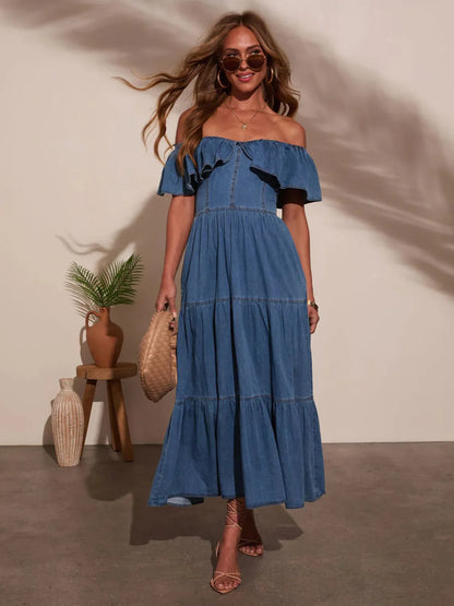 Off Shoulder Ruffle Tiered Denim Dress - Fashorio