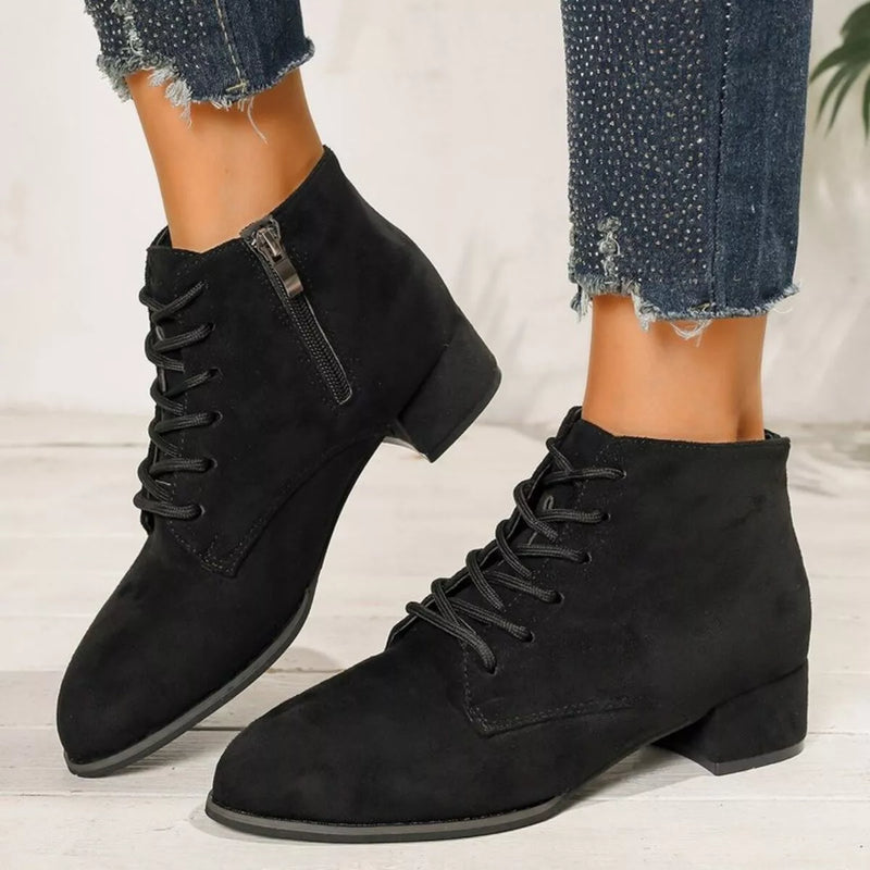 black lace up block heel boots front view