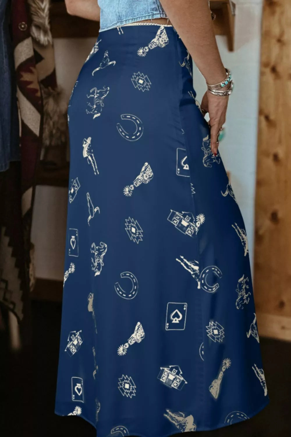 Navy western print satin maxi skirt, back view