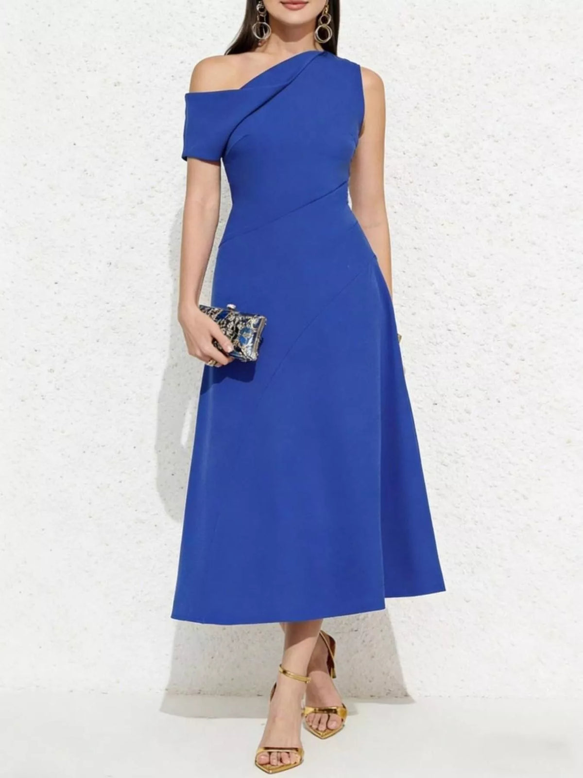 one shoulder midi dress in royal blue fabric detail
