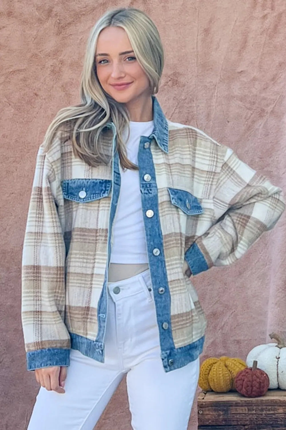 Washed Denim Detail Brushed Plaid Jacket detail