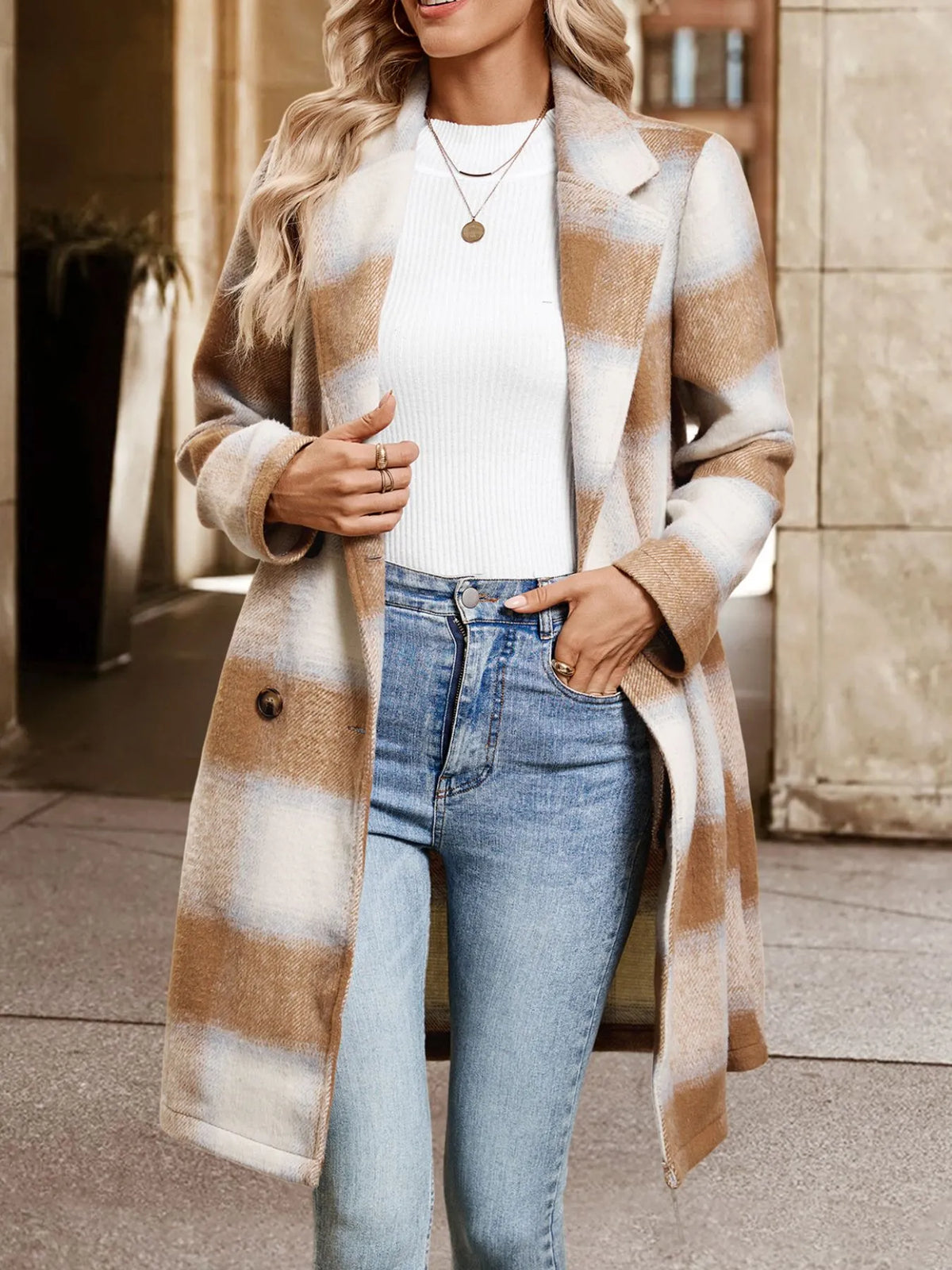 Plaid Longline Jacket in Camel styled look