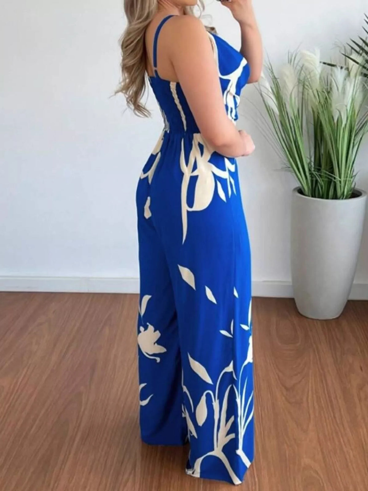 Wide leg spaghetti strap jumpsuit in solid colour full length view