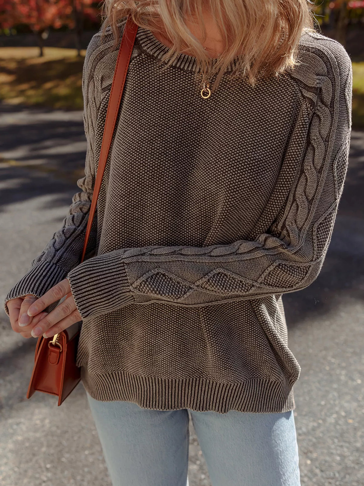 contrast cable knit sleeve sweater brown side view