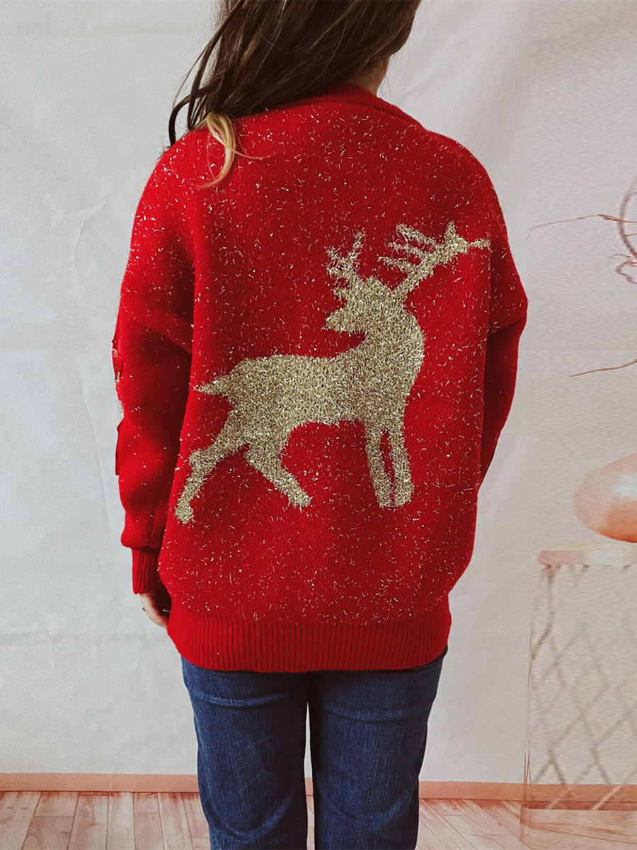 Reindeer Round Neck Long Sleeve Sweater - Fashorio