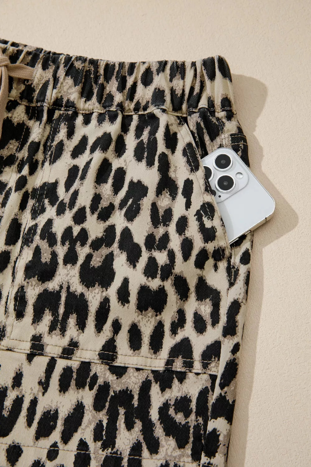 Leopard print lace up mid rise denim shorts fabric detail
