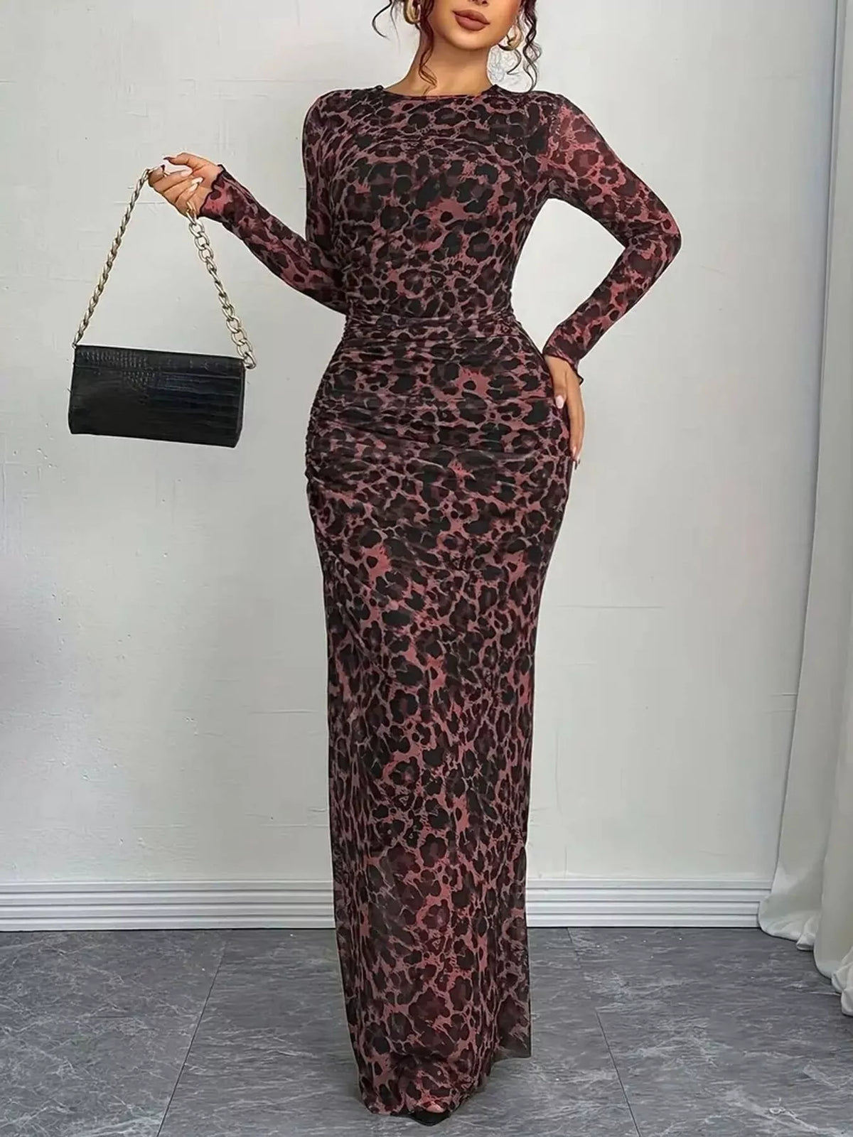 Leopard ruched bodycon maxi dress full length view