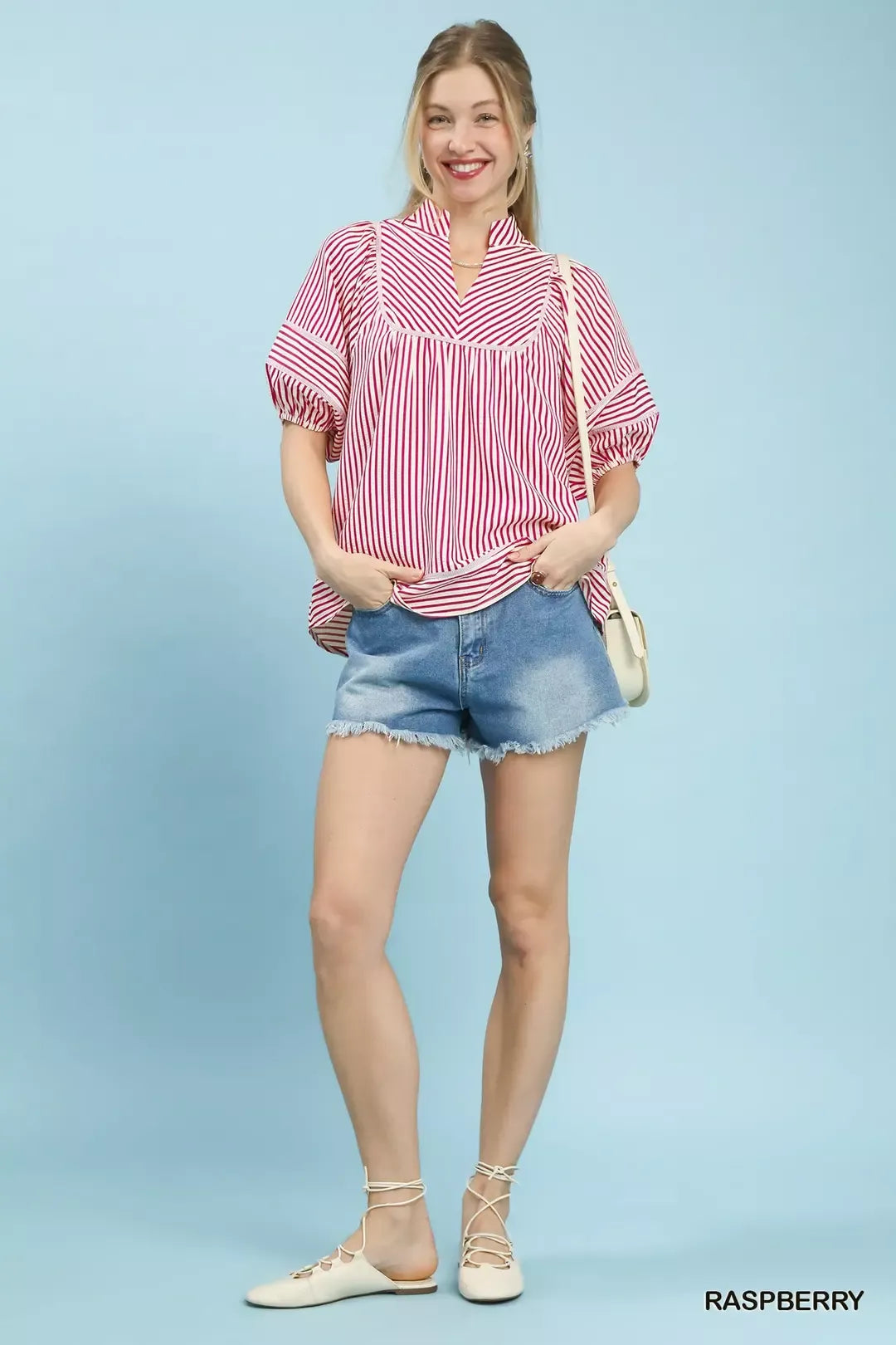 Raspberry striped puff sleeve top styled view