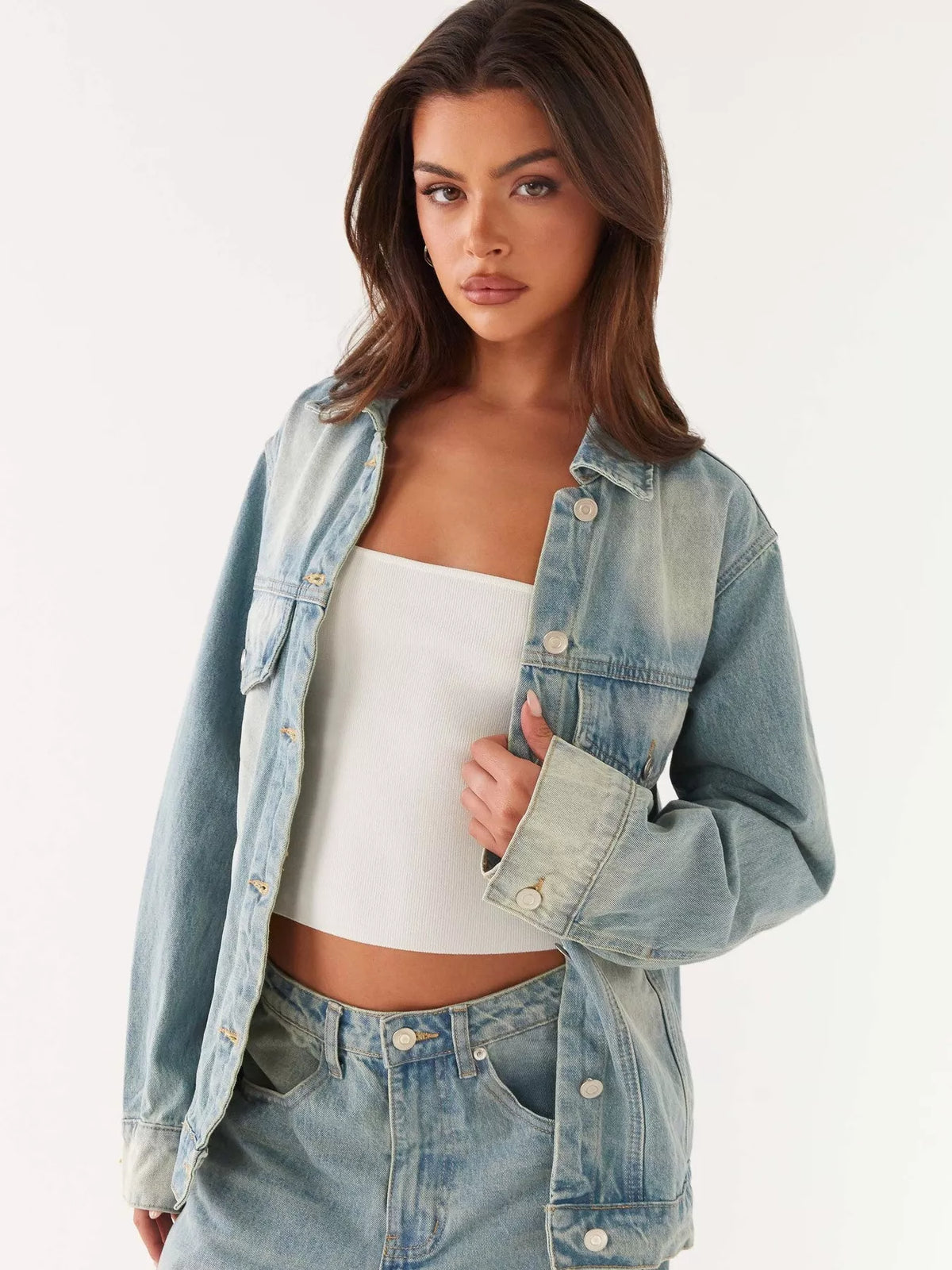Button up denim jacket and jeans two piece set front view