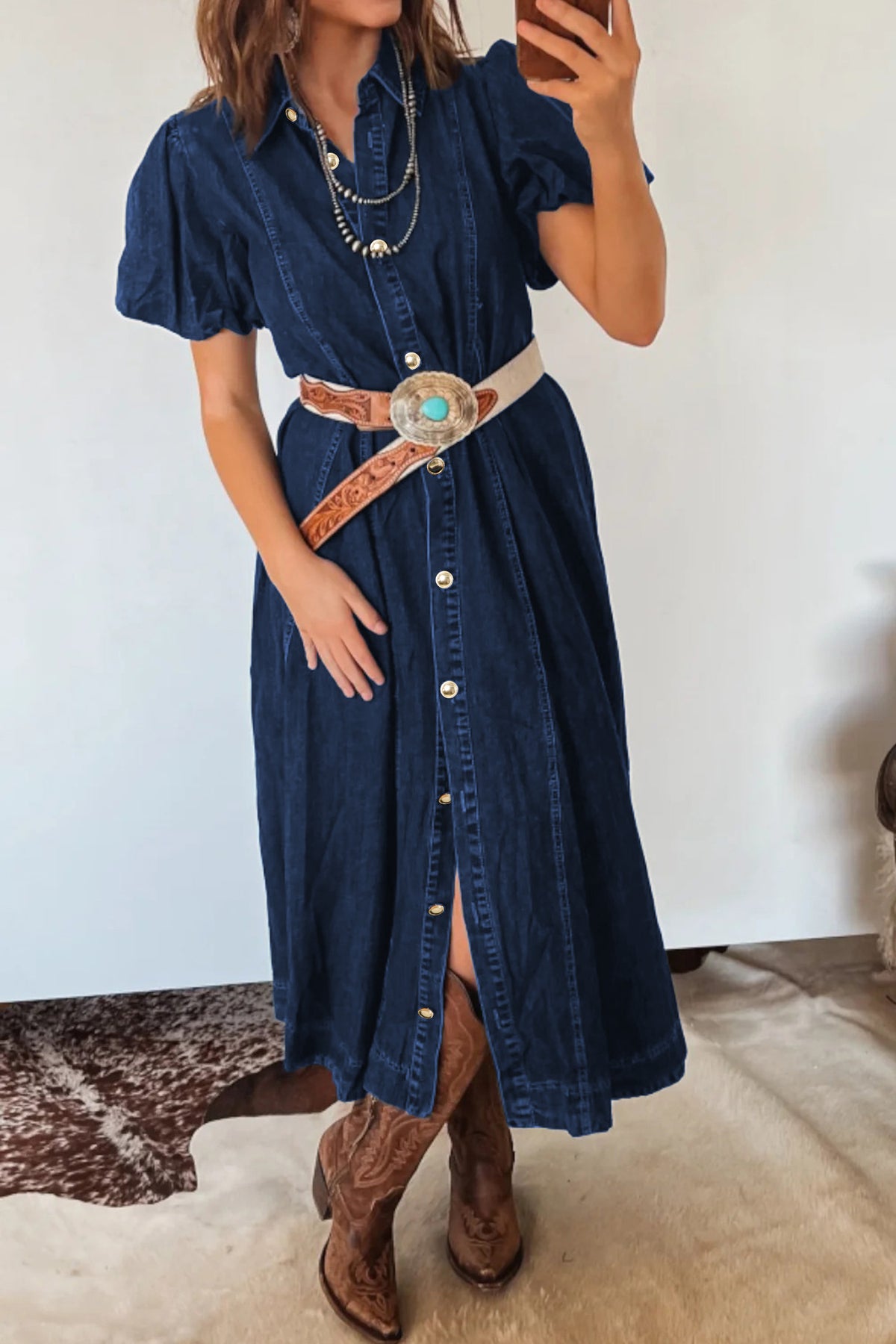 Denim button down dress sleeve close up