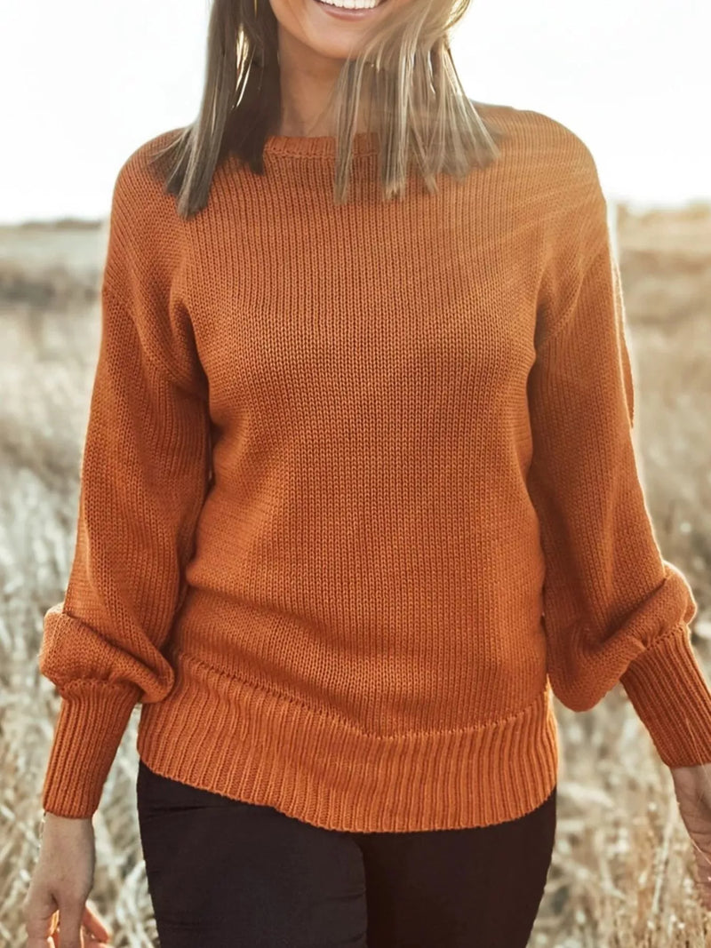 Caramel ribbed trim drop shoulder sweater front view