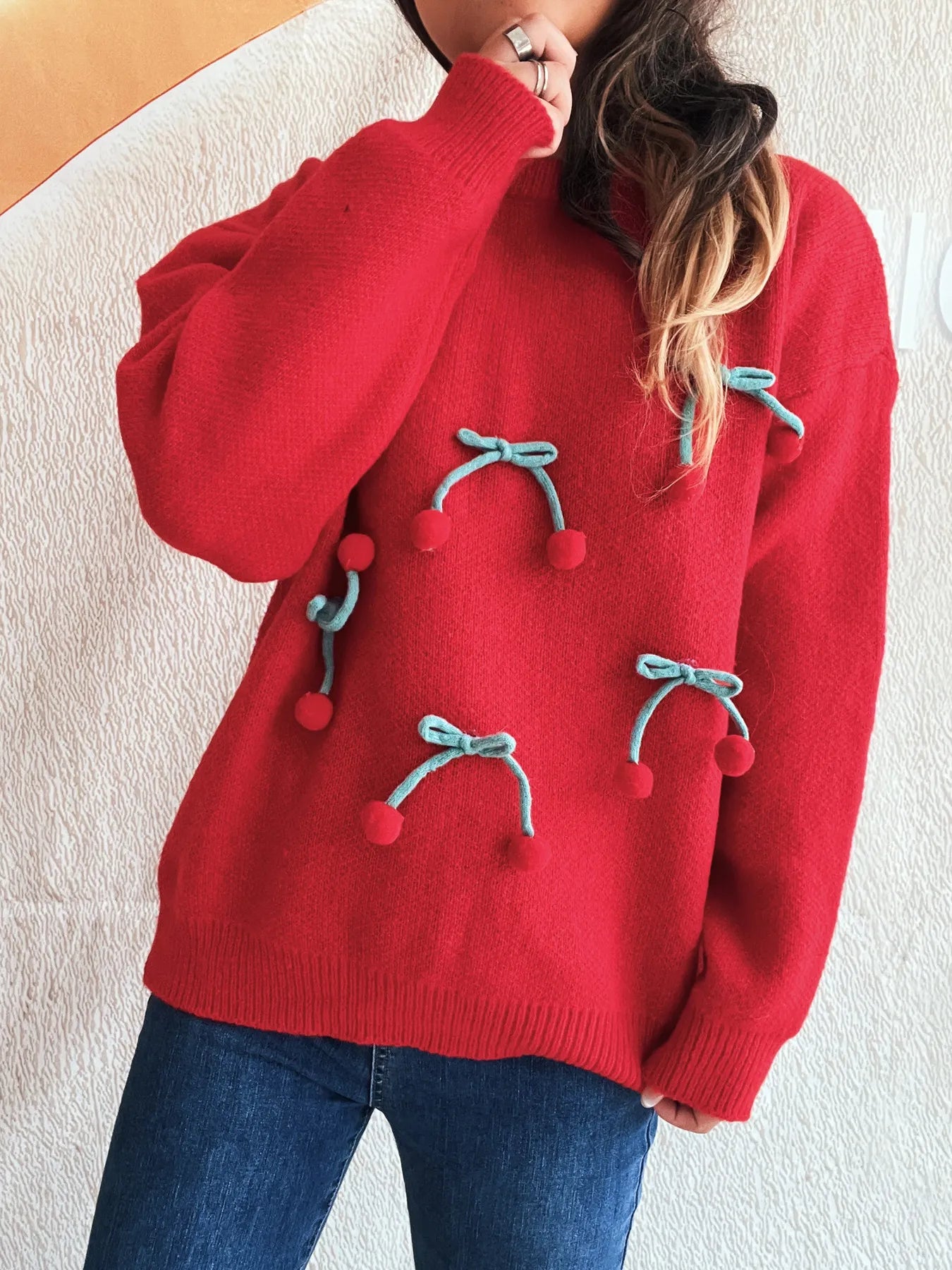 Cherry Round Neck Long Sleeve Sweater - Fashorio