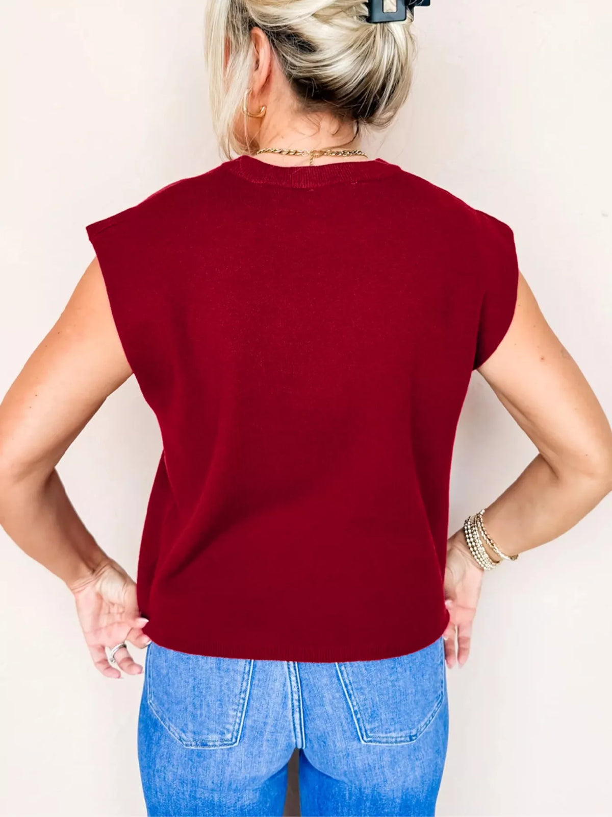 Crew Neck Cap Sleeve Knit Sweater in Burgundy back view