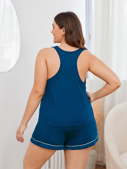 Plus Size Contrast Piping Racerback Tank and Shorts Lounge Set - Fashorio