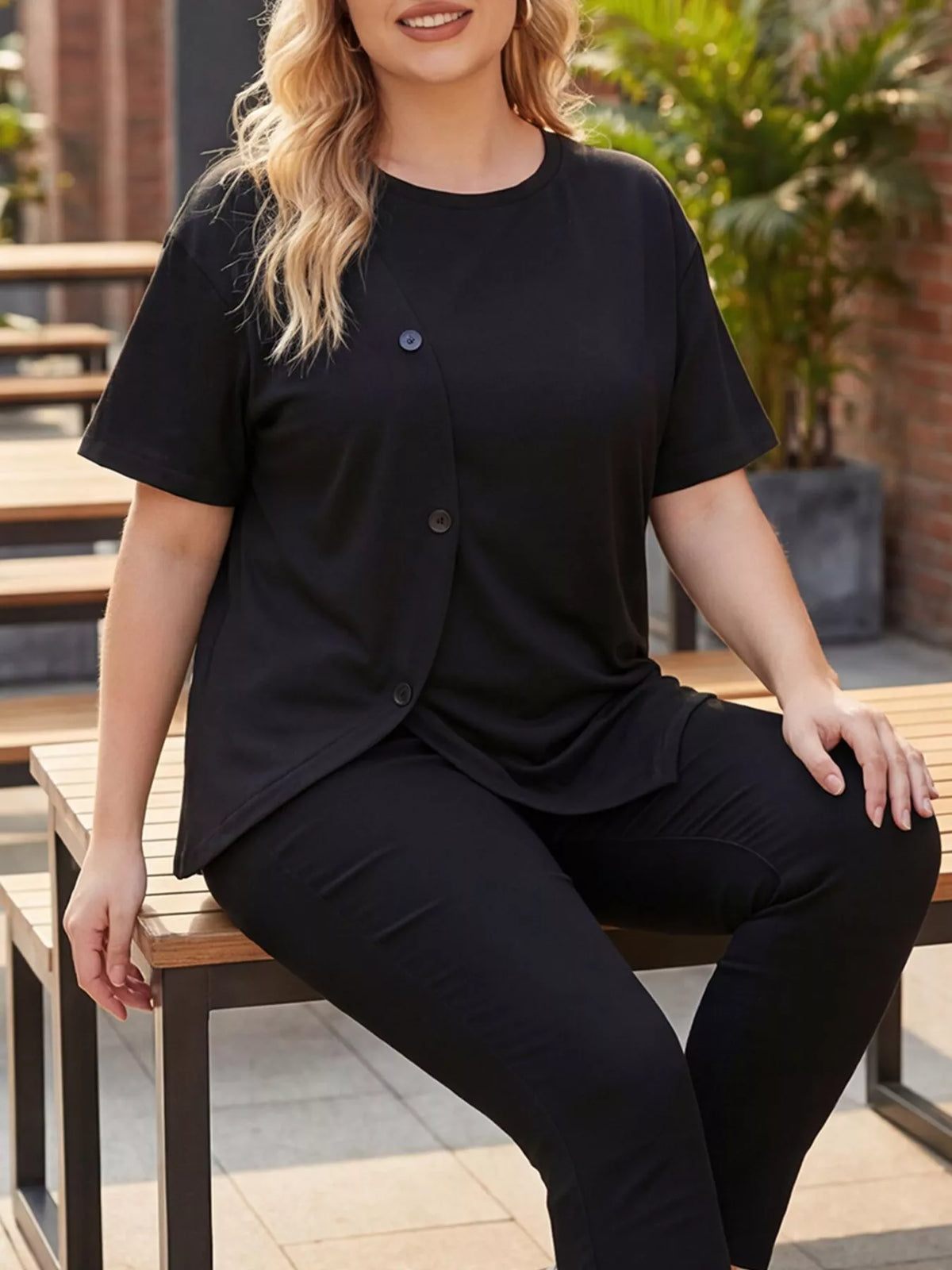 Plus size black button t-shirt back view