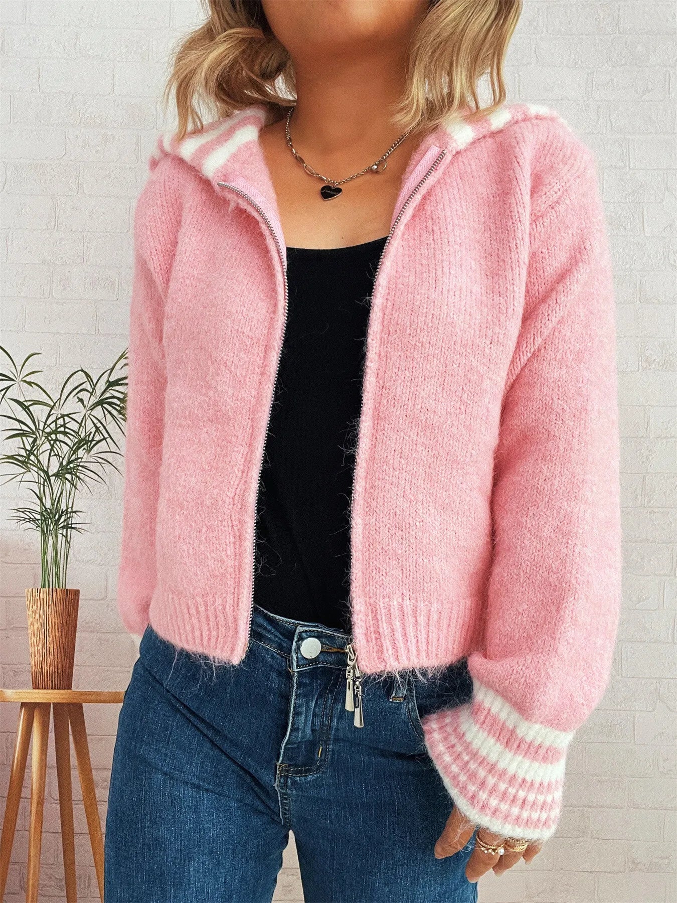 Striped Zip-Up Cardigan - Fashorio