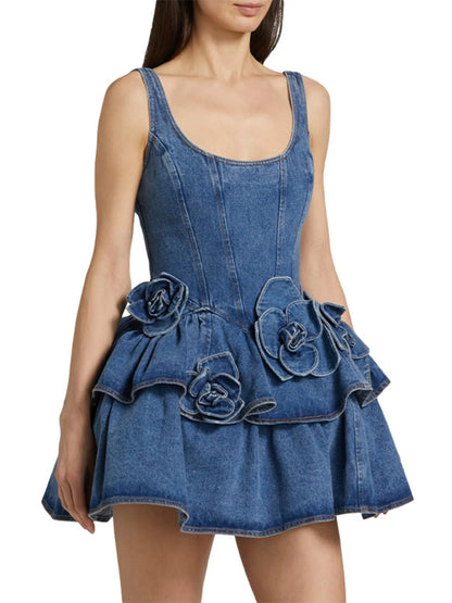 Ruffled Layered Scoop Neck Denim Dress - Fashorio