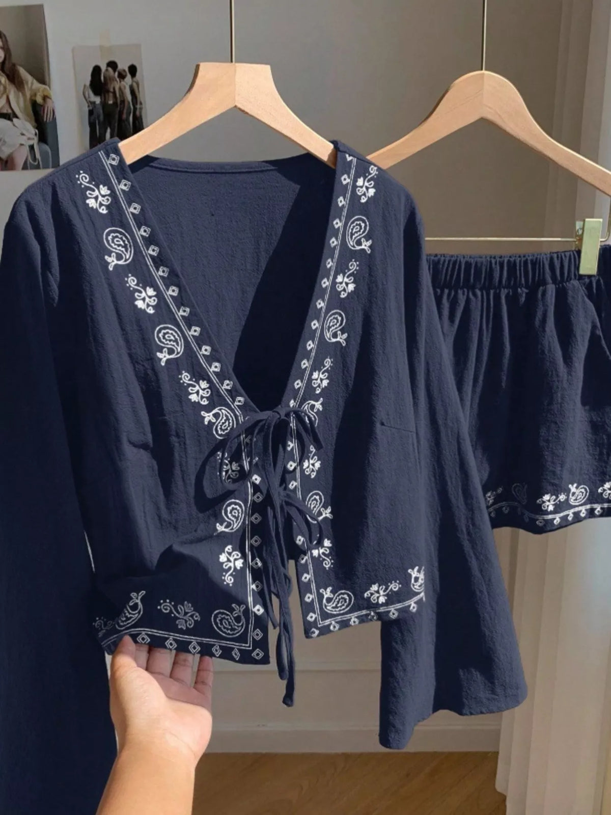 Embroidered Tie Front Top and Shorts Set, view 15
