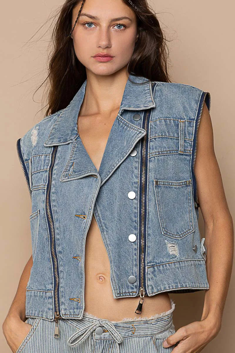 Cropped Zip Front Denim Jacket in Dusty Blue detail