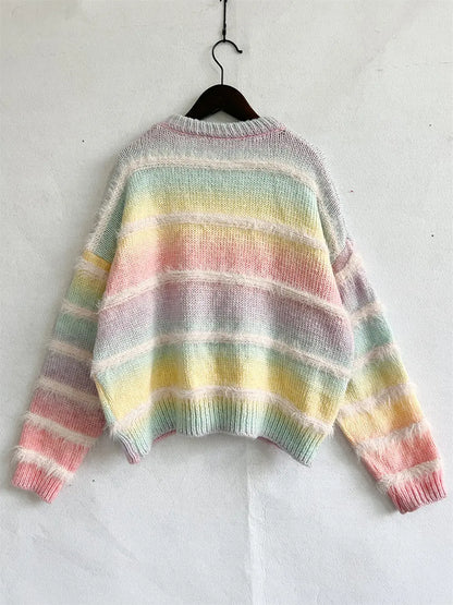 Striped Round Neck Long Sleeve Sweater - Fashorio