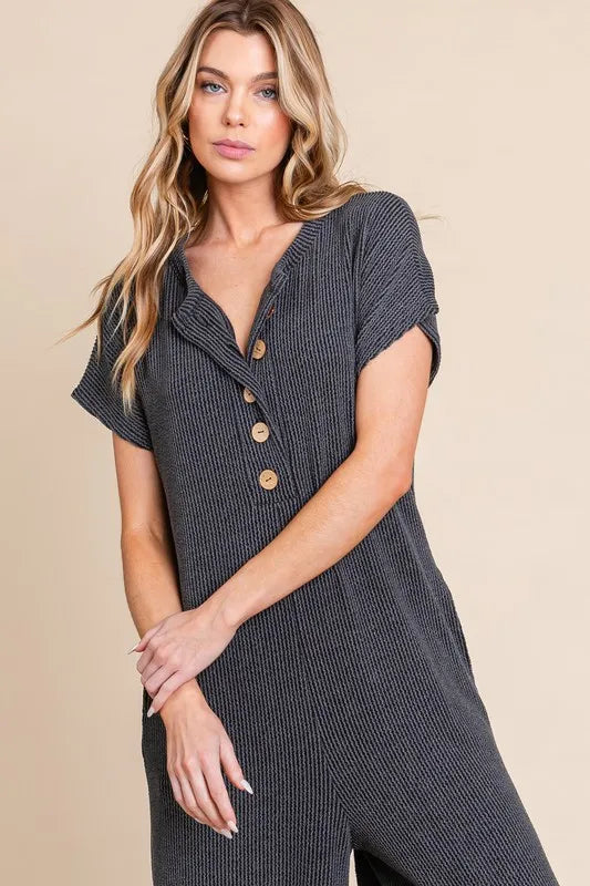 Rib Knit Jumpsuit with Button Detail styled look