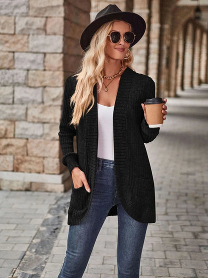 Ribbed Open Front Long Cardigan with Pockets - Fashorio
