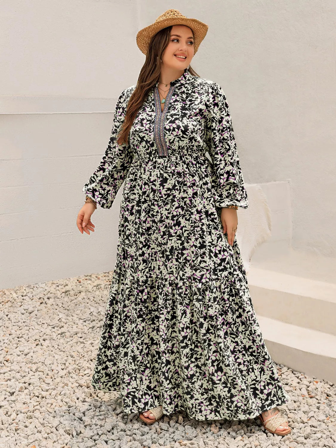 Plus Size Floral Long Sleeve Tiered Maxi Dress, neckline detail